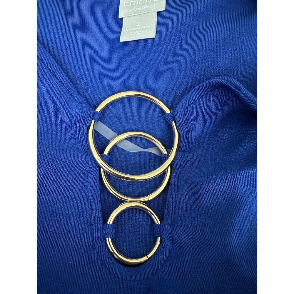 Chico's Travelers Top Pullover Size 2/L Short Sleeve 3 Gold Rings at Neckline - Picture 5 of 8